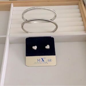3 pieces;Heart CZ Earrings & Bangle Bracelets;Gorgeous Chic Fashion Accessories